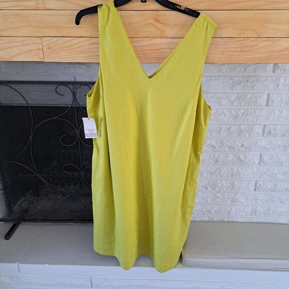 Ophelia Roe Women's Plus Size 3XL Mustard Yellow V-neck Linen Blend Dress NEW - Picture 1 of 8